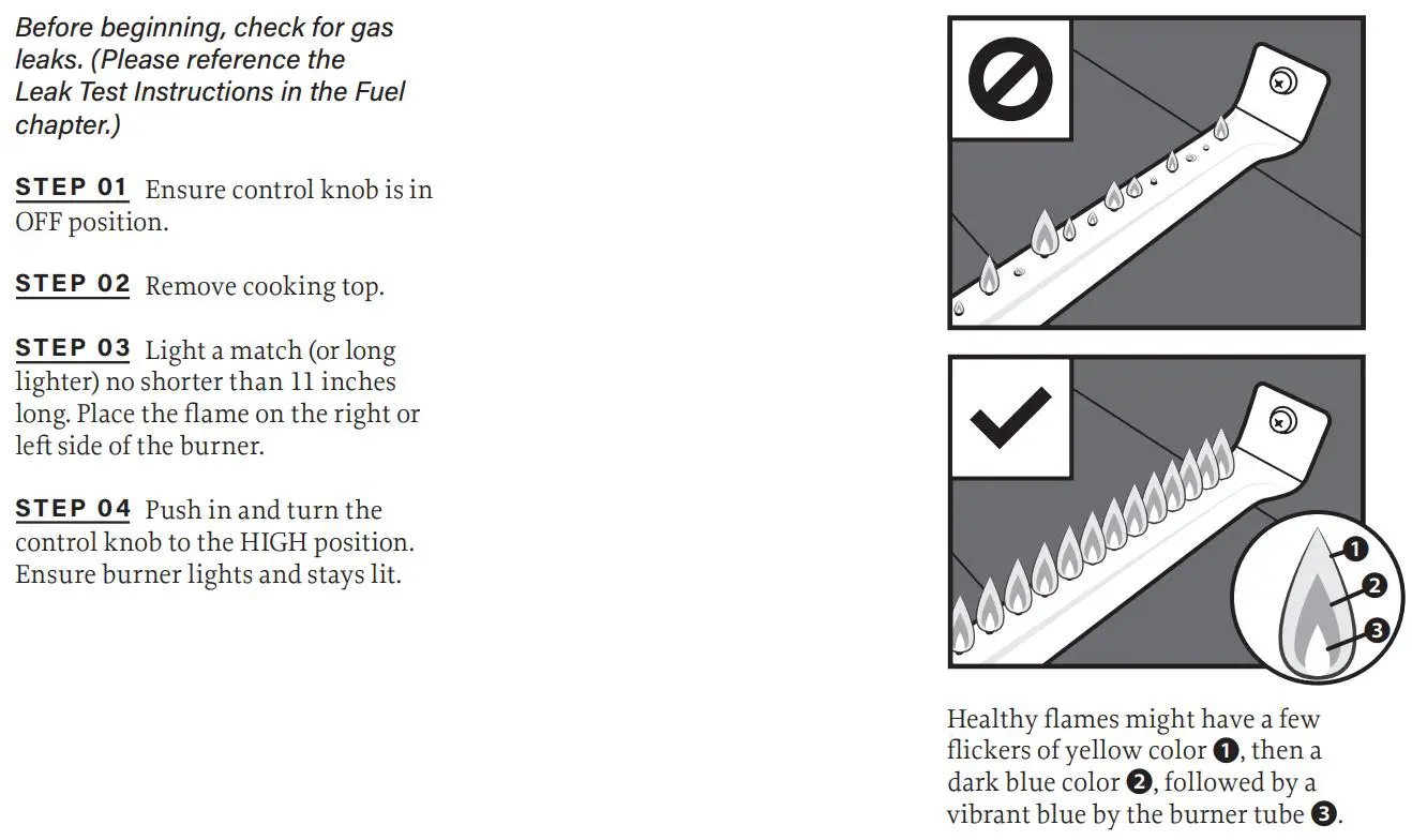 BLACKSTONE 2086 Griddle Electric Air Fryer Hood Owner's Manual - MATCH LIGHTING INSTRUCTIONS
