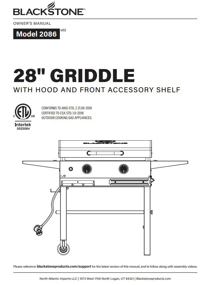 BLACKSTONE 2086 Griddle Electric Air Fryer Hood Owner's Manual