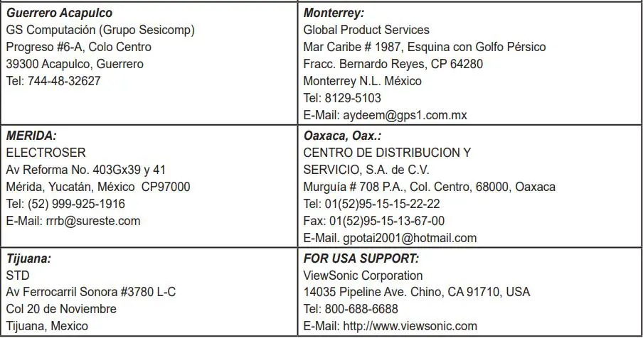ViewSonic M1 Portable Cinema User Guide - Contact Information for Sales & Authorized Service