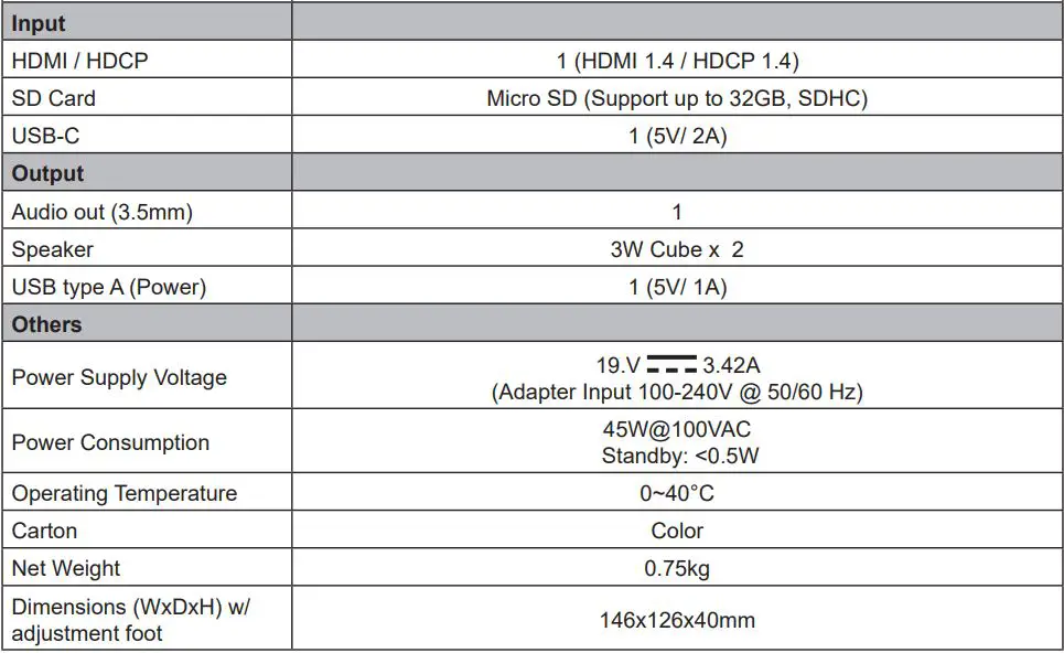 ViewSonic M1 Portable Cinema User Guide - Specification sheet