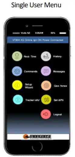 monGOOSE VT904 4G Quad Band 12V 24V GPS Tracker - THE MAIN MENU 1