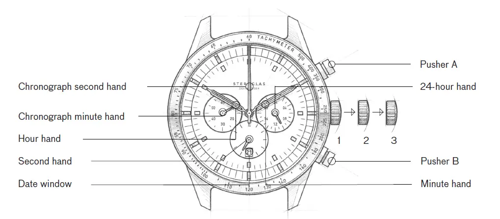 STERNGLAS Tachymeter 43mm Quartz Black-Brown Leather fig 1