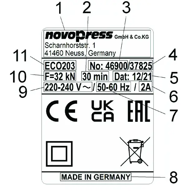novopress ACO203 Battery Crimping Pressing Tool - Information on the rating plate