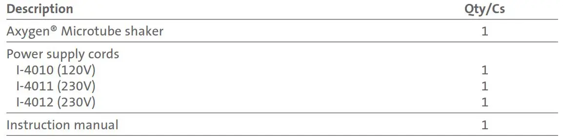 CORNING I-4010 Axygen Microtube Shaker - Package Contents