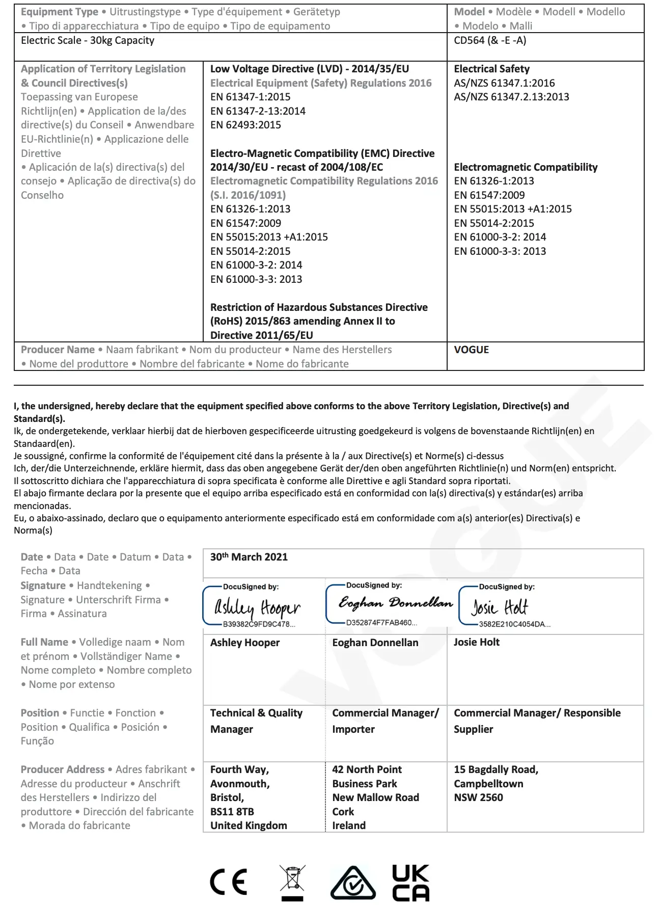 DECLARATION OF CONFORMITY