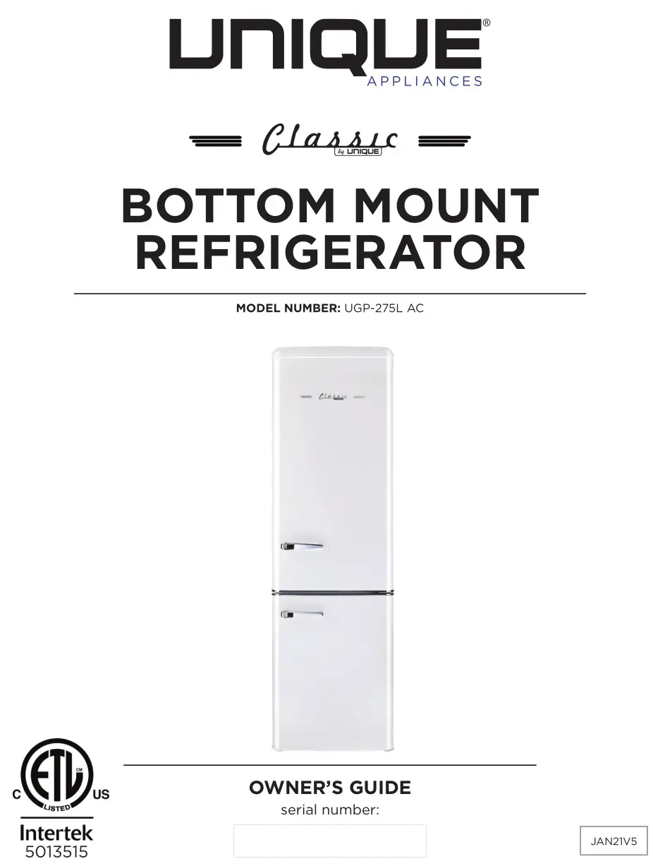 UNIQUE Bottom Mount Refrigerator Owner's Manual