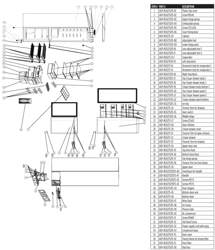 UNIQUE Bottom Mount Refrigerator - PARTS DIAGRAM & LIST