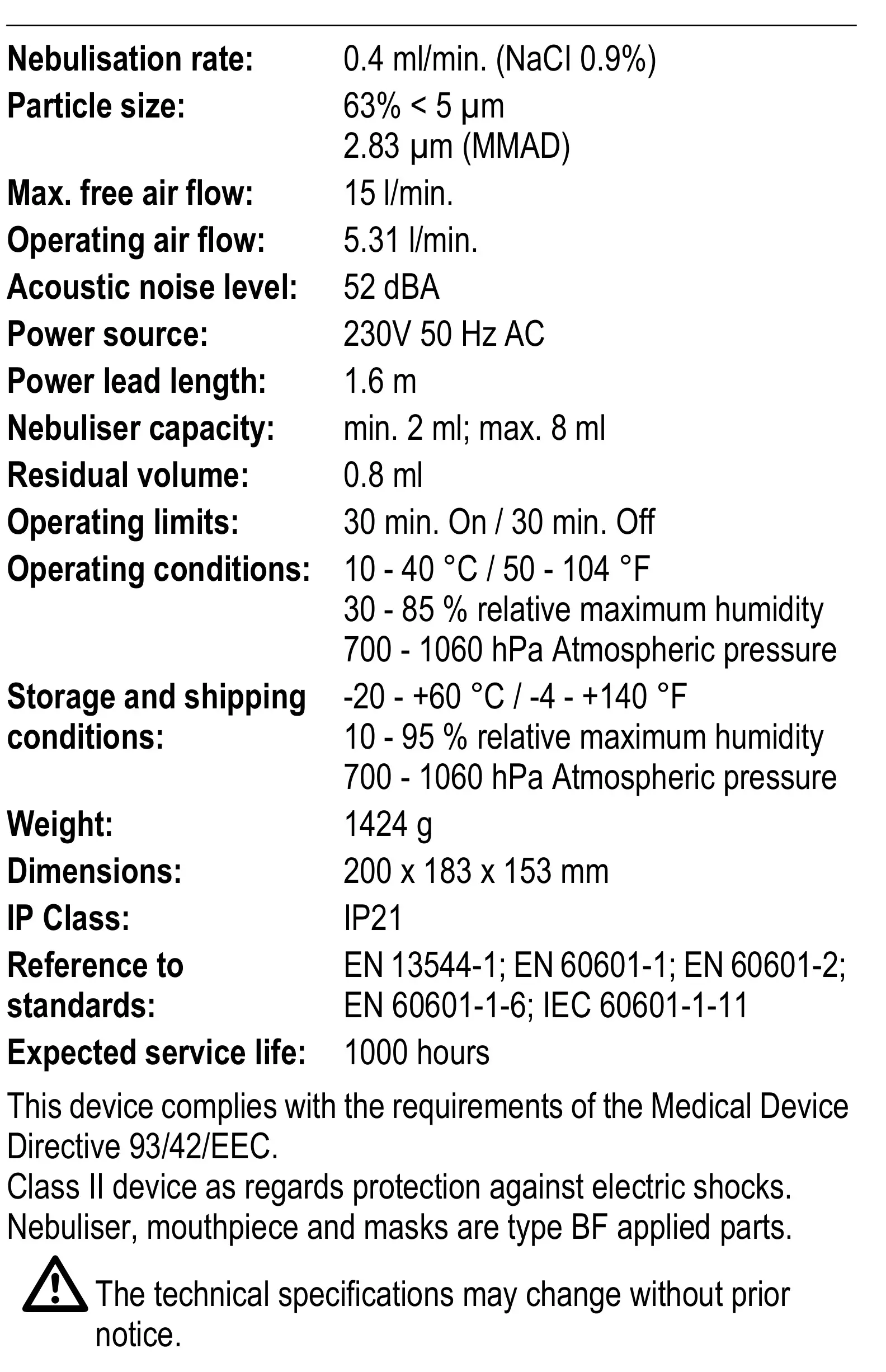 microlife NEB400 Children Nebuliser - Technical Specifications