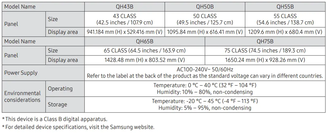 SAMSUNG QH43B 43 Inch Commercial TV UHD Display User Guide - Specifications