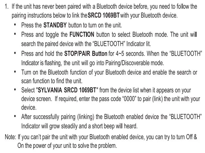 SYLVANIA Portable CD Player with AM FM Radio with Bluetooth and LED Display Owner's Manual - Bluetooth Operation
