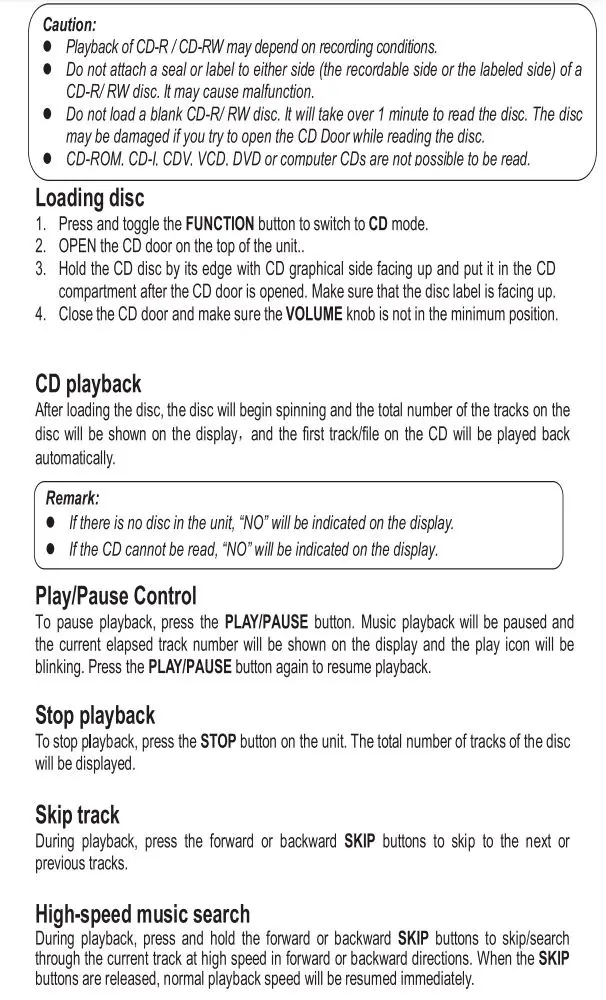 SYLVANIA Portable CD Player with AM FM Radio with Bluetooth and LED Display Owner's Manual - CD Operation