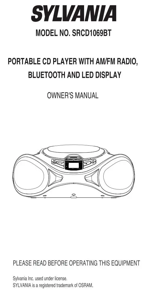 SYLVANIA Portable CD Player with AM FM Radio with Bluetooth and LED Display Owner's Manual