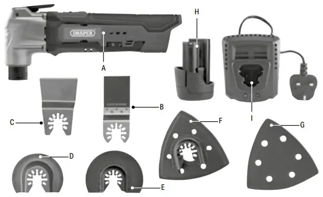 DRAPER 19392 12V Oscillating Multi Tool - What’s in The Box