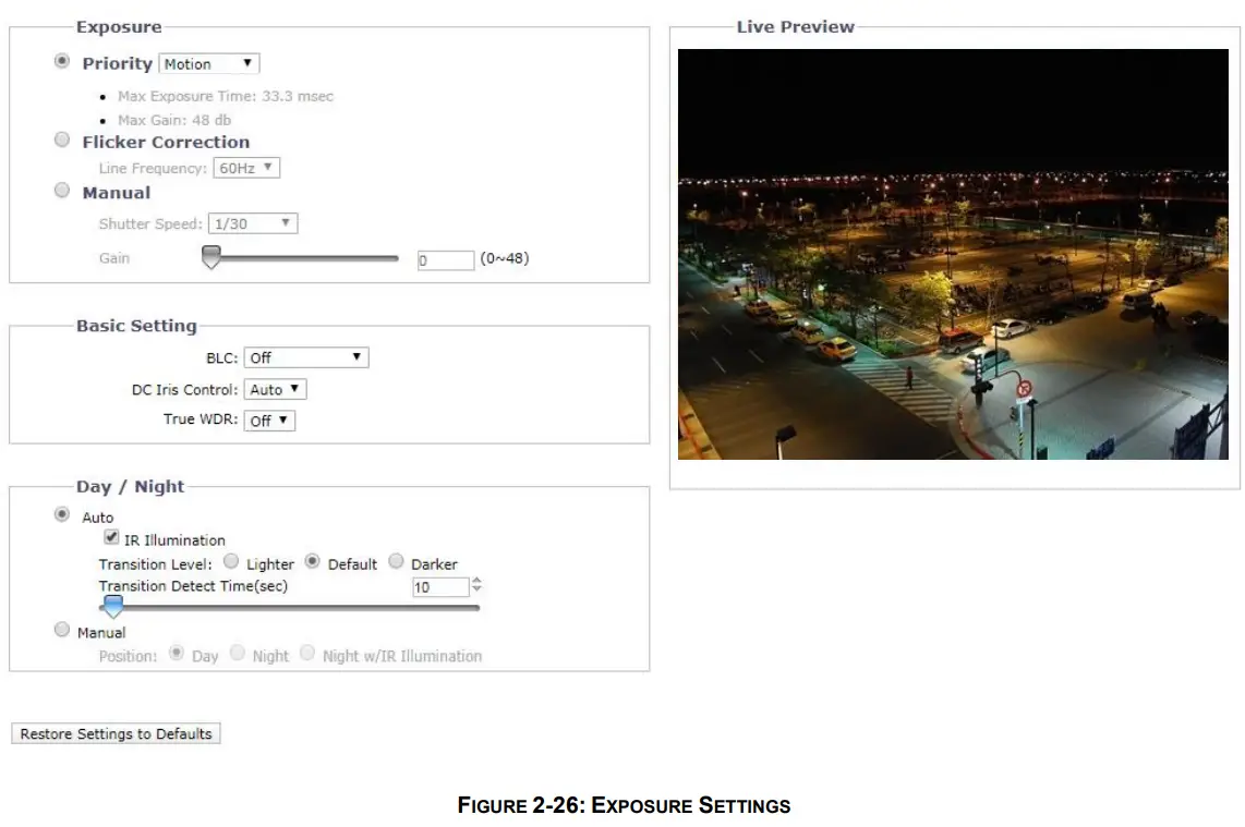 PELCO SARIX PRO 3 Series Indoor Camera - EXPOSURE SETTINGS