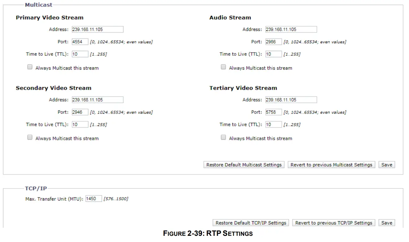 PELCO SARIX PRO 3 Series Indoor Camera - RTP SETTINGS
