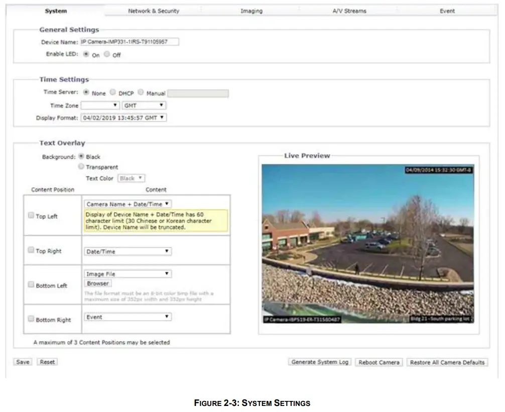 PELCO SARIX PRO 3 Series Indoor Camera - SYSTEM SETTINGS
