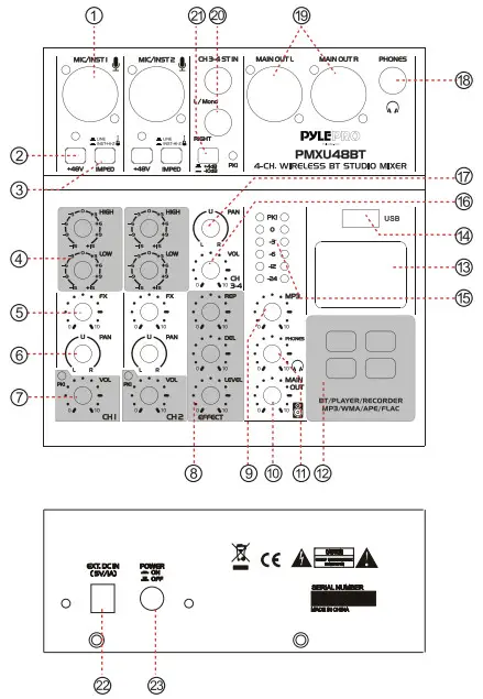 PYLE PMXU68BT Wireless BT Studio Mixer - PMXU48BT Front and Back Panel