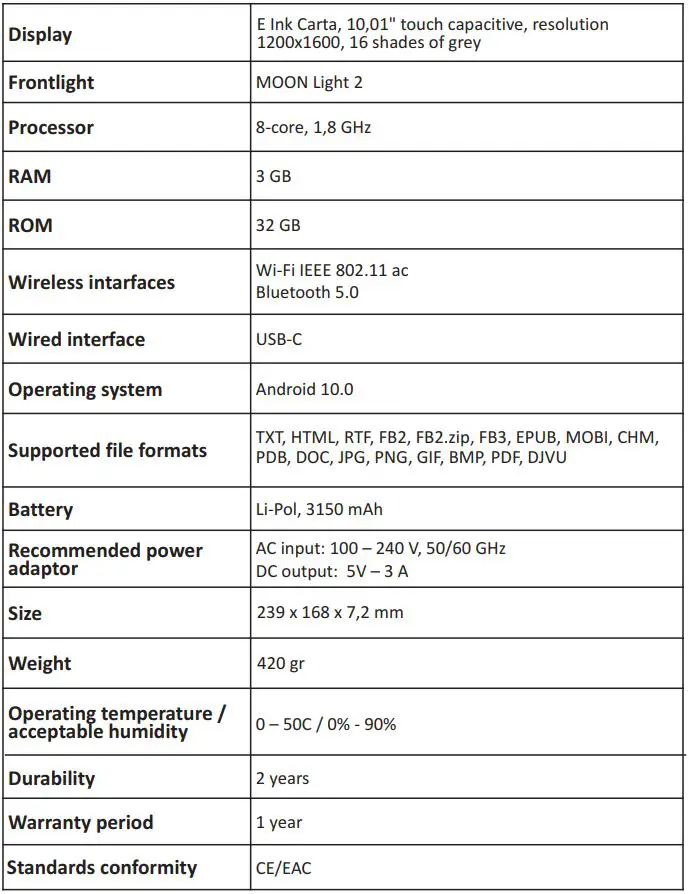 ONYX BOOX LOMONOSOV User Guide - PRODUCT SPECIFICATIONS