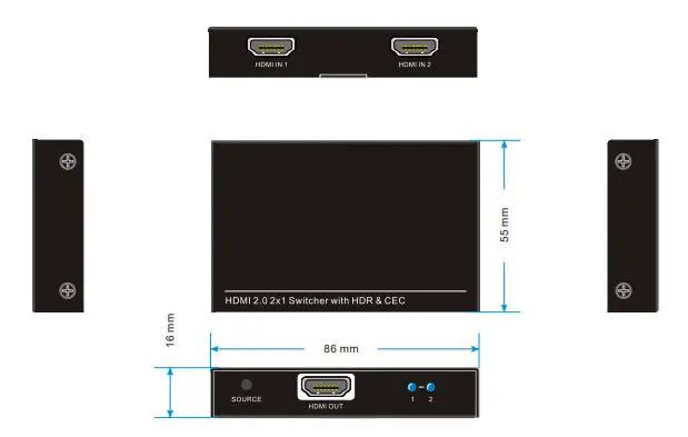 WELVAN 2x1 Switcher with HDR & amp; CEC - Panel Drawing
