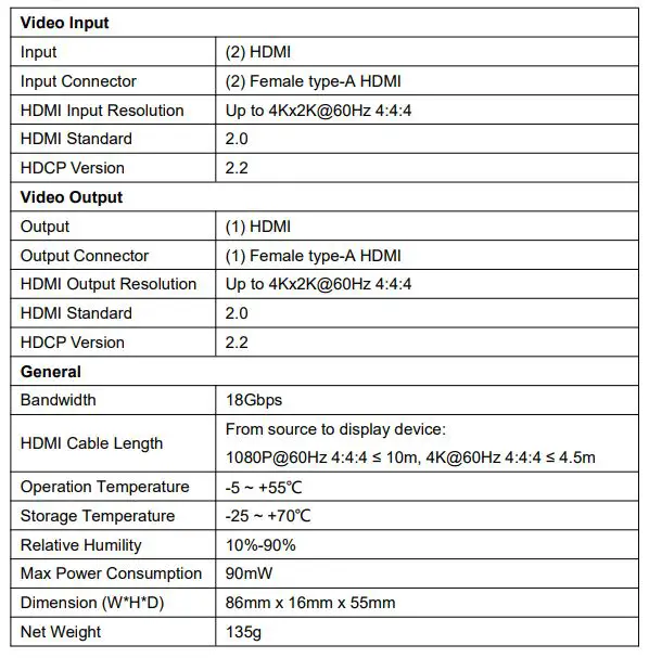 WELVAN 2x1 Switcher with HDR & amp; CEC - Specification