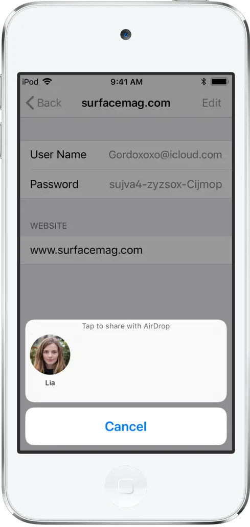The account screen for a website. At the bottom of the screen, a button shows a picture of Lia under the instruction “Tap to share with AirDrop.”