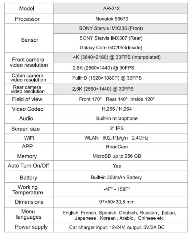 AINAVI AR-212 Car Dash Camera TABLE