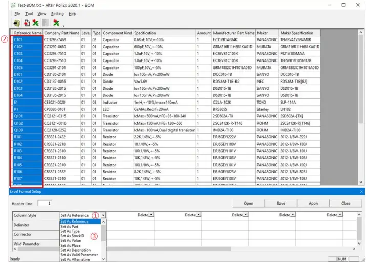 ALTAIR PollEx BOM - Excel Format Setup 1