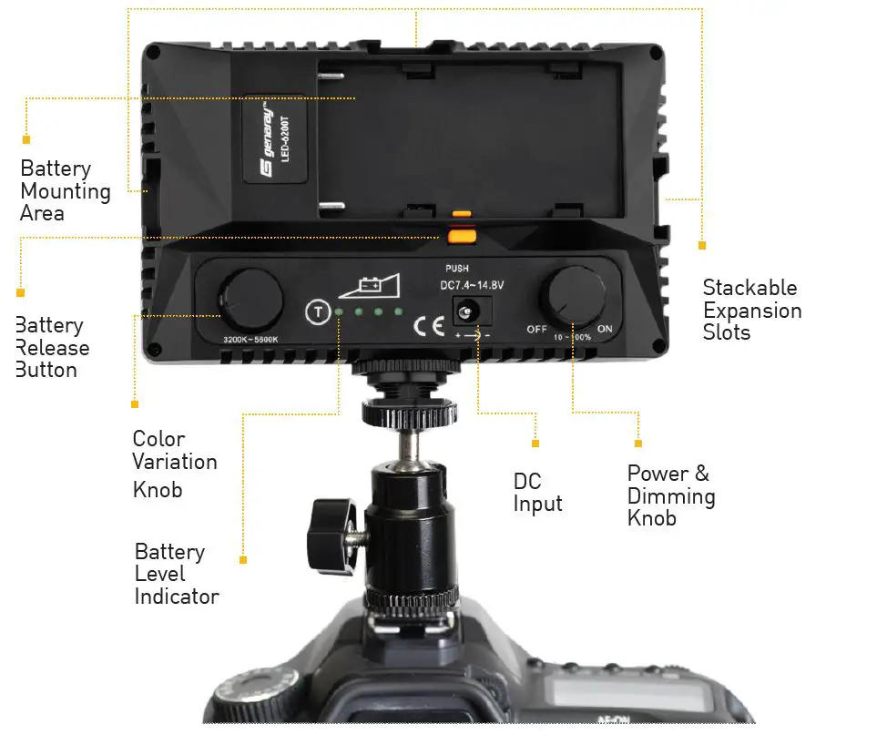 genaray-LED-6200T-144-LED-Variable-Color-On-Camera-Light-fig-2