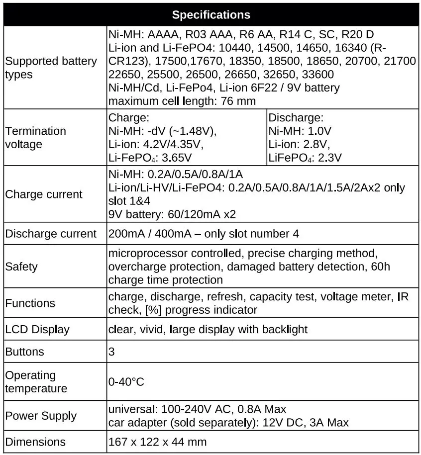 everActive UC4200 Professional Battery Charger User Manual - Specifications