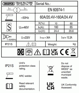 DRAPER 69339 Arc Welder - RATING PLATE