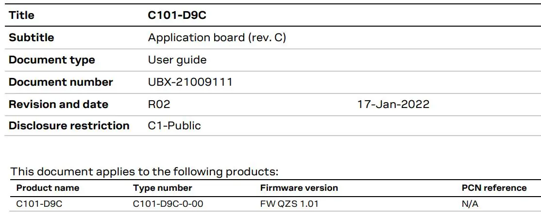u-blox C101-D9C Application Board User Guide - Document information