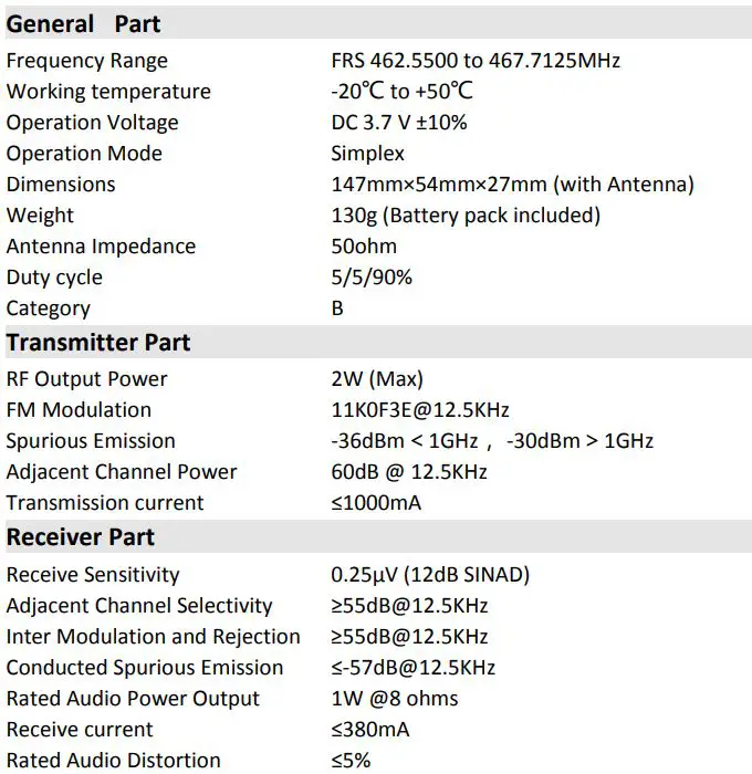 BAOFENG Pofung BF-T17 FRS Radio Long Range Walkie Talie Radio - Appendix B. – Technical Specifications