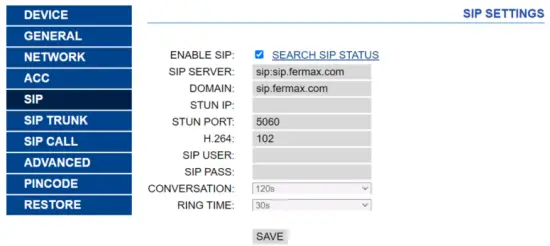 FERMAX MILO 1W Panels 1 2 Mpx Colour HD Camera - FERMAX MILO 1W Panels 1.2 Mpx Colour HD Camera - SIP Settings