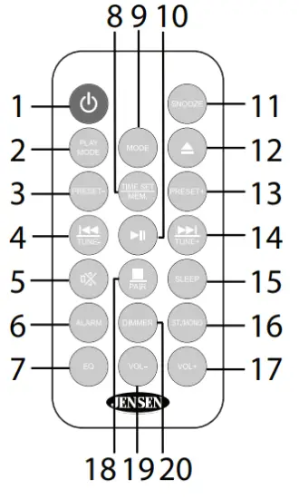 JENSEN JBS 210 Bluetooth CD Music System With Digital AM FM Stereo Receiver and Remote Control - REMOTE CONTROL
