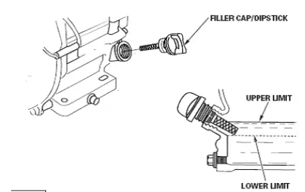 1. Remove the filler cap/dipstick and wipe it clean. 2. Add oil to the engine. Recommend to use oil type of 10W-30. 3. Insert and remove the dipstick with out screwing it into the filler neck. Check the oil level shown on the dipstick. 4. If the oil level is low, fill to the edge of the oil filler hole with the recommended oil. 5. Screw in the filler cap/dipstick securely.