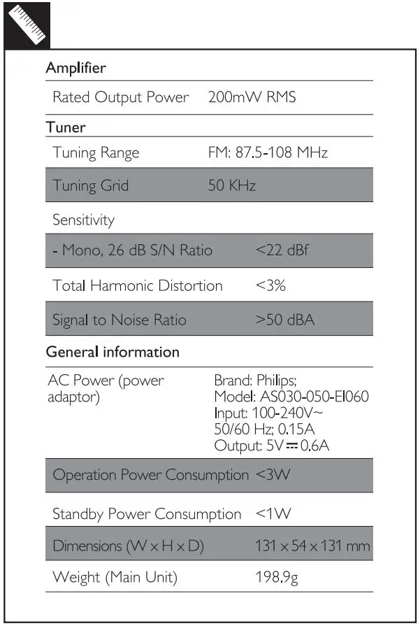 PHILIPS Clock Radio R3205 User Guide - Specification