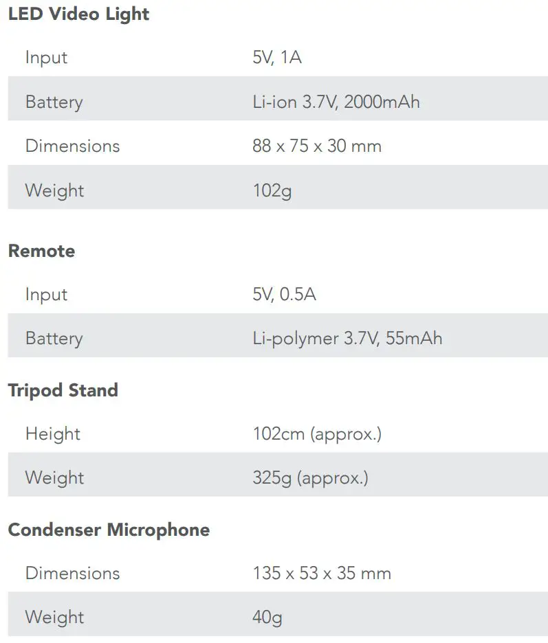 BAUHN APVK-1221 Portable Phone Vlogging Kit User Guide - Specifications