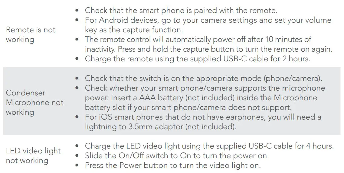 BAUHN APVK-1221 Portable Phone Vlogging Kit User Guide - Troubleshooting