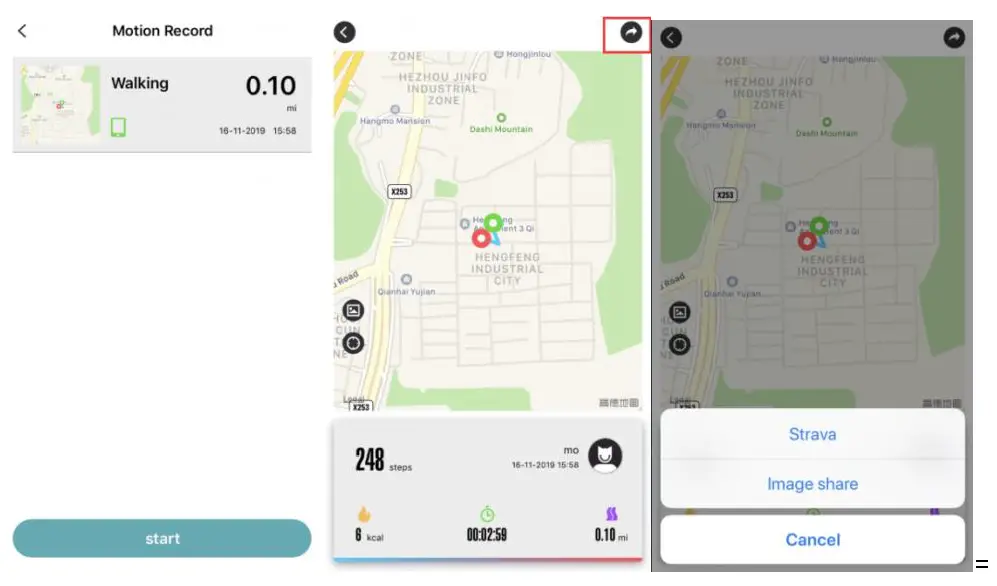 The Motion Record support sharing the workout record to Strava, Google fit, Apple health and also support sharing to third-party app by image.