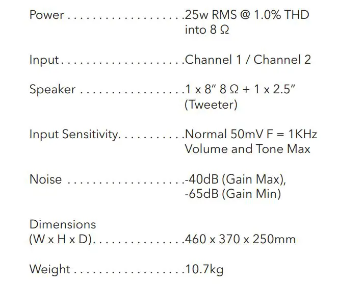 SUB-ZERO SZACOUSTIC-25C 25W Acoustic Guitar AMP with Chorus - SPECIFICATIONS