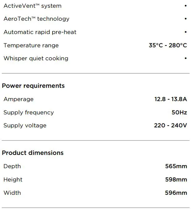 FISHER PAYKEL OB60SMPTDB1 Oven 60cm 16 Function Selfcleaning User Guide - SPECIFICATIONS