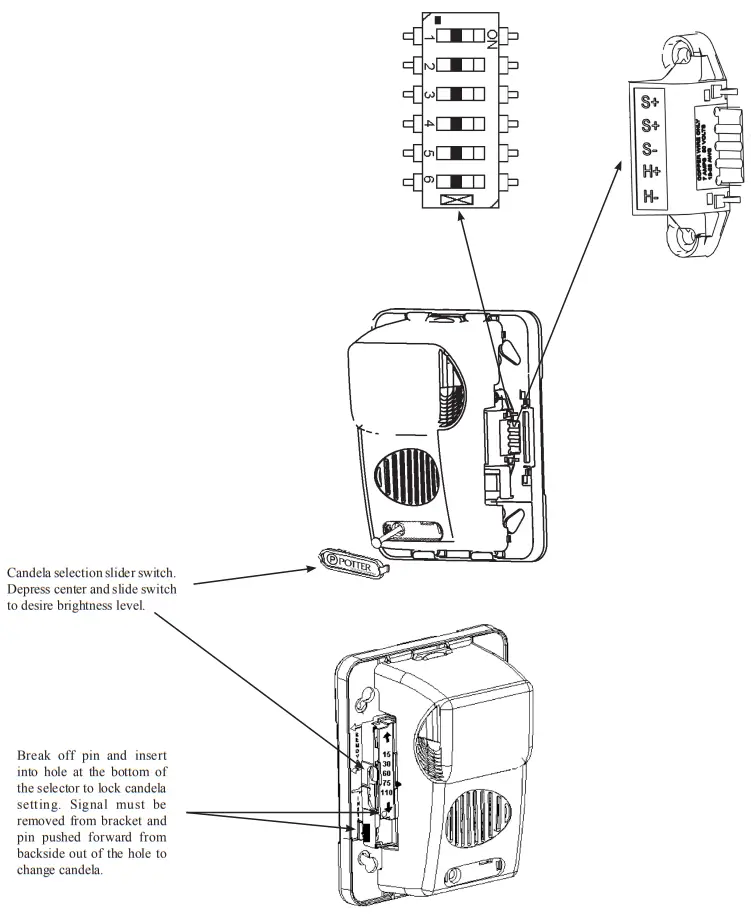 POTTER CHS-24 Series Wall Mount Colored Lens Horn Strobe - Tone Switch Locations