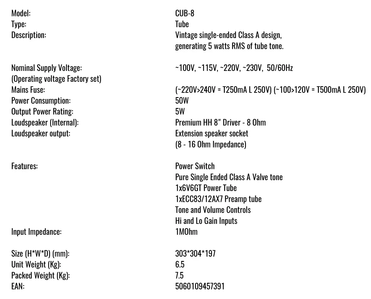 Laney CUB-8 Guitar Combo Amplifier - Technical Specifications