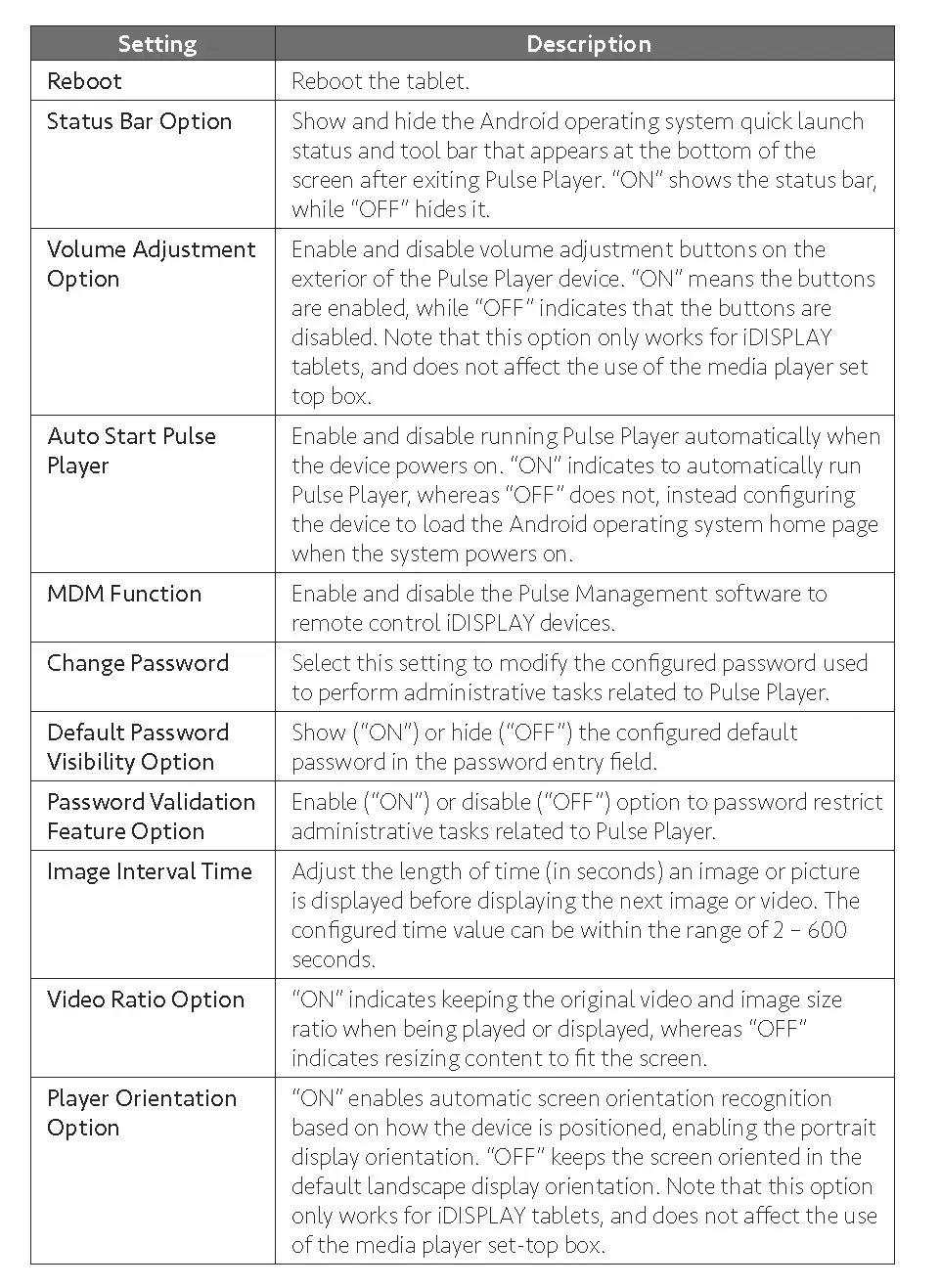 Pulse Player Settings
