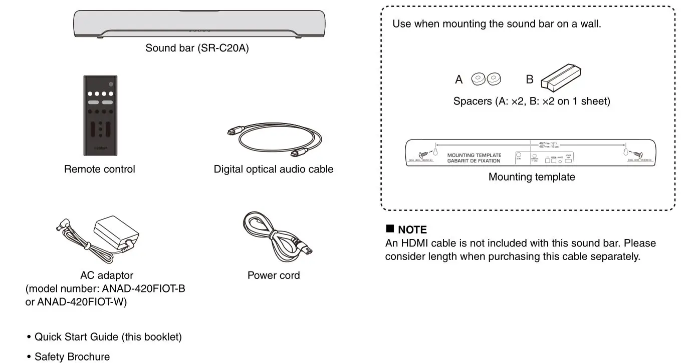 YAMAHA Sound Bar SR-C20A - Supplied accessories