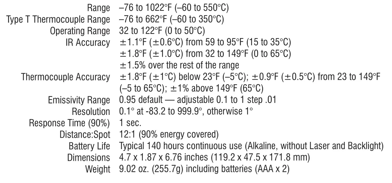 ThermoWorks IRT-2 Infrared Thermocouple Input - Specifications