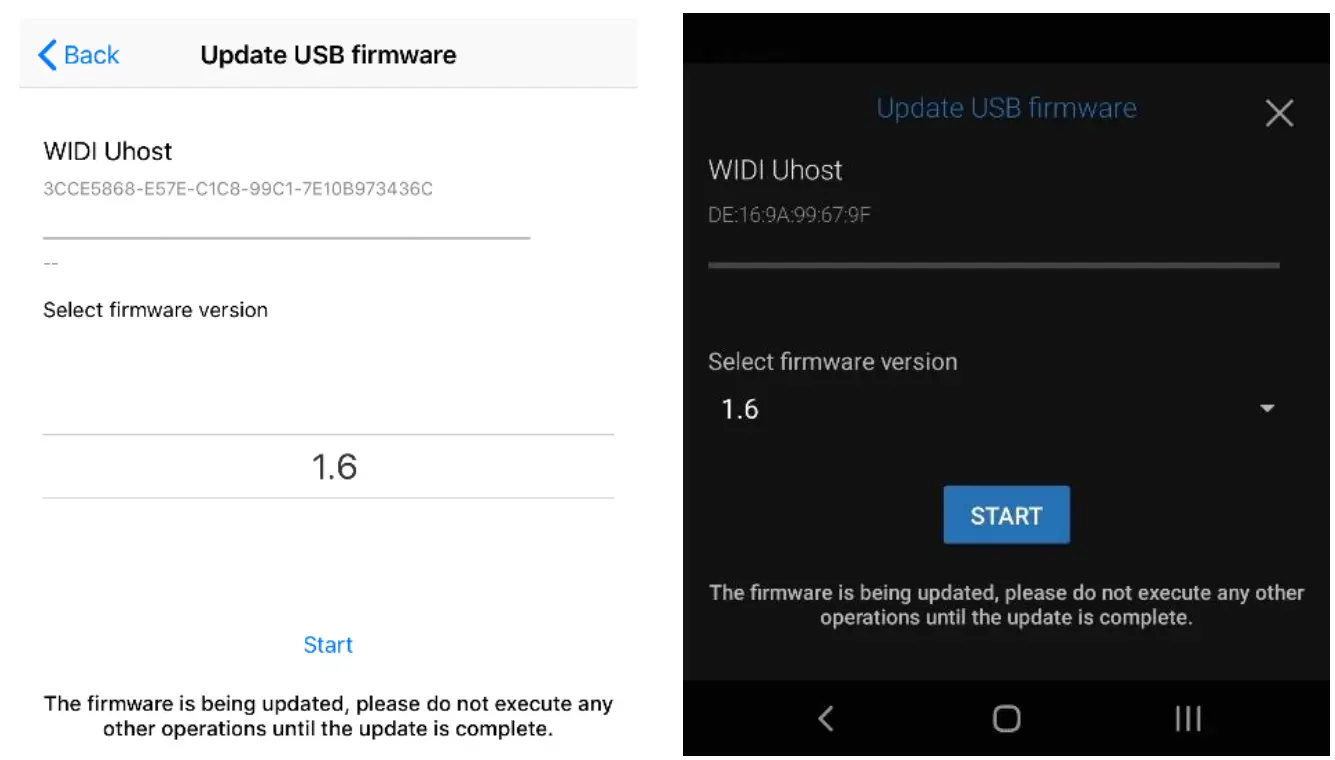 CME V06 WIDI App - USB firmware version selection