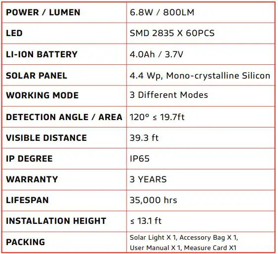 SOLTECH VIOS Solar LED Wall Light Instruction Manual - SPECIFICATIONS