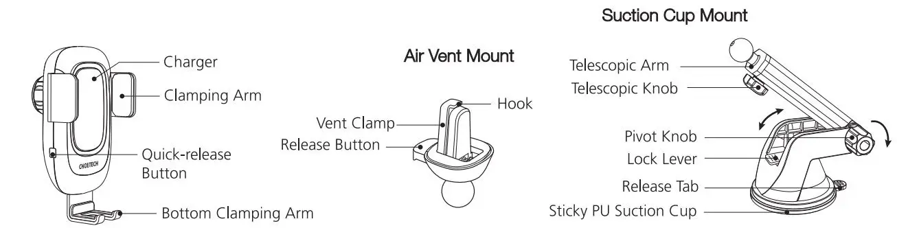 CHOETECH T542-S Fast Wireless Car Charger User Manual - Product Diagram