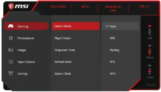 msi MAG162V Portable Monitor - OSD menu